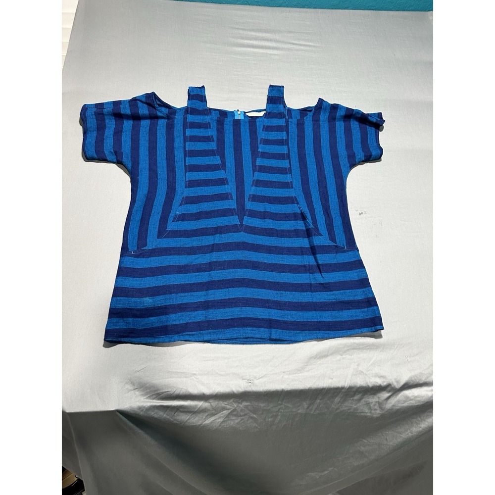 Soft Surroundings Cold Shoulder Top Women's PL Linen Blendβ Blue Boho Lagenlook